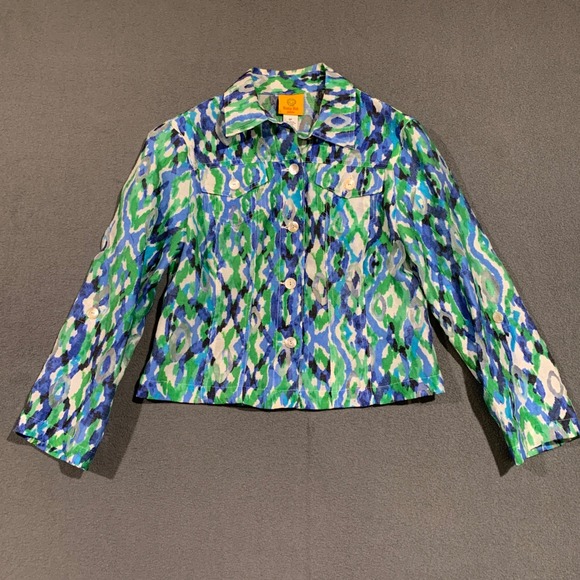 Ruby Rd Petite Jacket Women's 6P Blue Green Abstract Shell Button Front Sheer - Picture 1 of 6